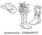 Painted line of cowboy hat and boots. Traditional clothing of cowboys and people of Texas, Dodge City, Kansas. Illustration of cute boots with flowers. Farmer