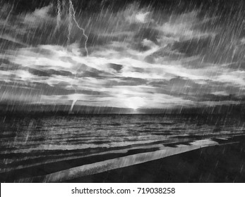 Painted On Canvas Hand Drawn Landscape Of The Storm. Thunderstorm In The Sea. Black And White Style. Hand Drawn Painting Artwork.