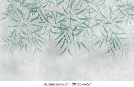 Painted reed bamboo leaves hanging from above on a textured background. For wallpaper, frescoes.