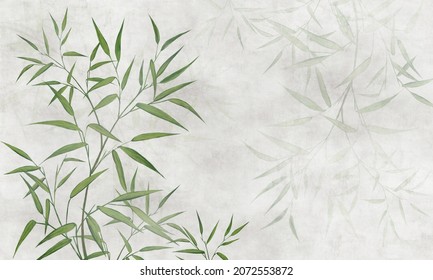 Painted reed bamboo leaves on a textured background. For wallpaper, murals and decorative use.
