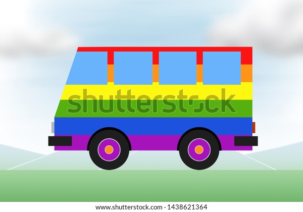 Painted tourist bus color LGBT flag. Travel,\
international tourism, pride, homosexuality. Conceptual drawing for\
creativity, installation and\
design.