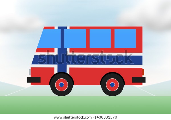 Painted tourist bus colors of the flag of Norway.\
Travel, international tourism. Conceptual drawing for creativity,\
installation and\
design.