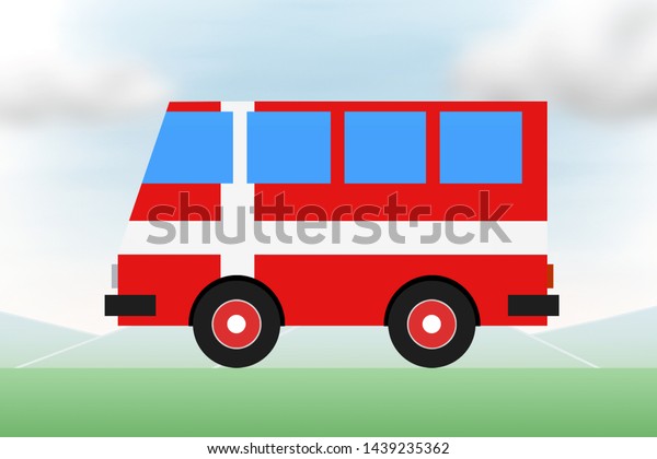 Painted tourist bus colors of the flag of\
Denmark. Travel, international tourism. Conceptual drawing for\
creativity, installation and\
design.