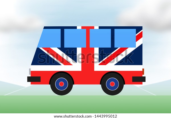 Painted tourist bus colors of\
the flag of Britain, Union Jack. Travel, international tourism.\
Conceptual drawing for creativity, installation and\
design.