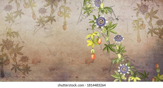 
Painted tropic flowers on brown textured concrete wall. Passiflora flowers. Stunningly beautiful, vintage, modern wall murals, wallpaper, photowallpaper, cover, postcard on an concrete background.