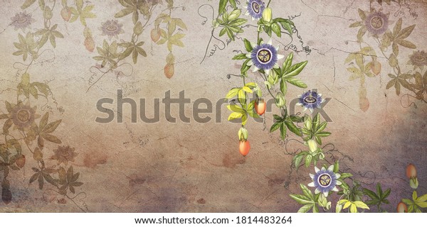 Painted tropic flowers on brown textured concrete wall. Pass flora flowers. Stunningly beautiful, vintage, modern wall murals, wallpaper, photo wallpaper.