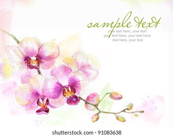 Painted watercolor card with orchid and text