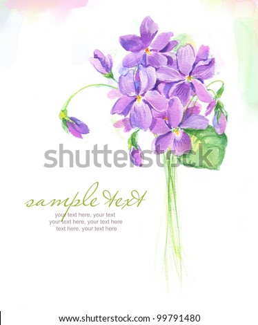 Painted watercolor card with spring violet flowers and text