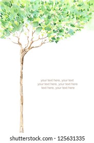 Painted watercolor card with tree and text