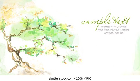 Painted watercolor card with trees and text