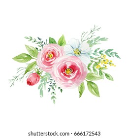 Watercolor Flowers Pink Roses Floral Bouquet Stock Illustration ...