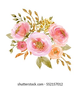 Painted Watercolor Composition Of Flowers With Gold Sparkle. Greeting Card. Valentine's Day, Mother's Day, Wedding, Birthday. Clipping Path Included. Fast Isolation