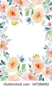 Painted Watercolor Composition Of Flowers In Pastel Colors. Frame Border Wreath On White Background. Greeting Card. Valentine's Day, Mother's Day, Wedding, Birthday