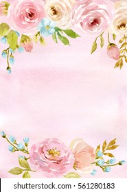 Painted watercolor composition of flowers in pastel colors. Frame, border, background. Greeting card. Valentine's Day, Mother's Day, wedding, birthday