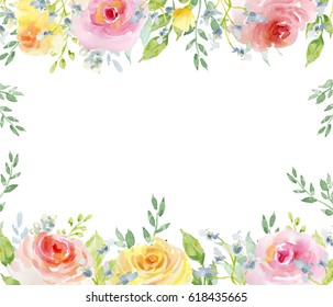 Painted watercolor composition of flowers in pastel colors. Frame, border, background. Greeting card. Valentine's Day, Mother's Day, wedding, birthday - Powered by Shutterstock