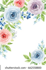 Painted watercolor composition of flowers with roses and blueberries. Frame, border, background. Greeting card. Valentine's Day, Mother's Day, wedding, birthday