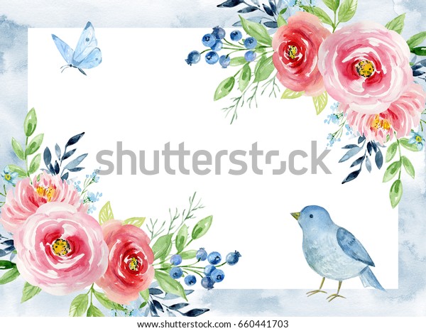 水彩花彩画 バラ ブルーベリー 鳥 蝶 枠 枠 背景 グリーティングカード バレンタインデー 母の日 結婚式 誕生日 のイラスト素材