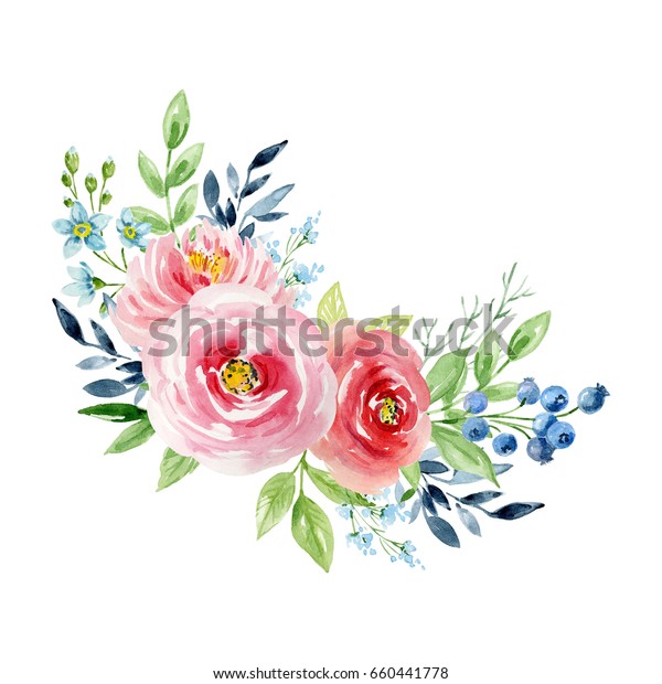 花の水彩画とバラとブルーベリー デザイン用のエレメント グリーティングカード バレンタインデー 母の日 結婚式 誕生日 のイラスト素材