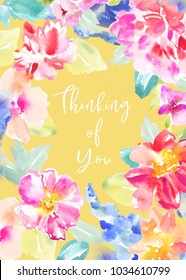 Painted Watercolour Flower Printable Sympathy Card With Thinking Of You Text