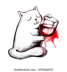 A painted white cat with a glass of red wine on a white background. A watercolor white cat. Isolated cat and wine on a white background. Drawing of a cat with a glass of wine.