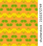 Painted Yellow Zig Zags and Green Abstract Splotches on a Orange Background in a Seamless Repeat Pattern