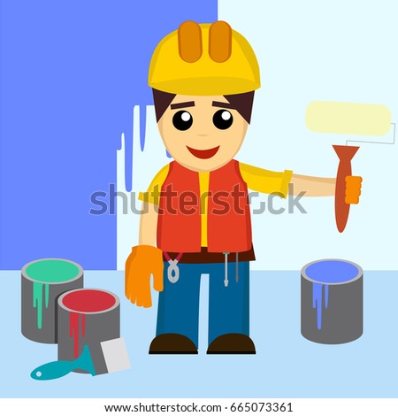 Painter Coloring Wall By Paintroller, People Occupations, Profession, Worker, Job Duty