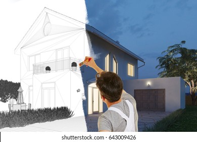 Painter Painting Picture Of Modern House From Sketch Drawing To Realistic 3D Rendering