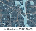 Painterly Style City Map of Des Plaines Illinois, USA in a Blue Color Scheme.