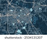 Painterly Style City Map of Hattiesburg Mississippi, USA in a Blue Color Scheme.