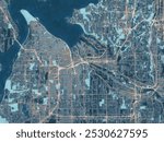 Painterly Style City Map of Tacoma Washington, USA in a Blue Color Scheme.