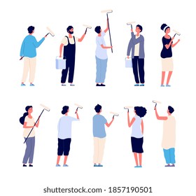 Painters. Men and women painter holding paint rollers and painting home wall. cartoon isolated characters - Powered by Shutterstock