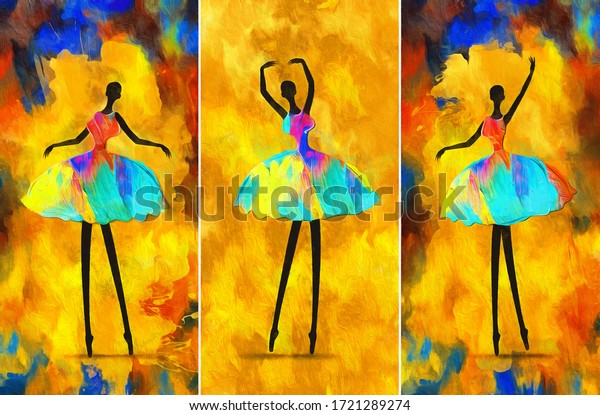 painting African girl ballerina dancing abstract figure. A set of pictures with different texture.