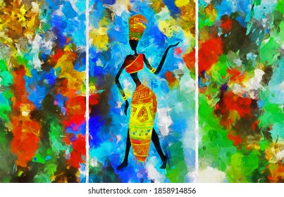 painting of African girl dancing abstract figure. collection of designer oil paintings. Decoration for interior. Contemporary abstract art on canvas. A set of pictures with different texture.