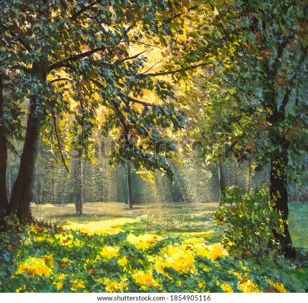 Painting amazing summer landscape in woodland artwork. Magic light in natural park modern fine art. Spring hand paint background paintings.