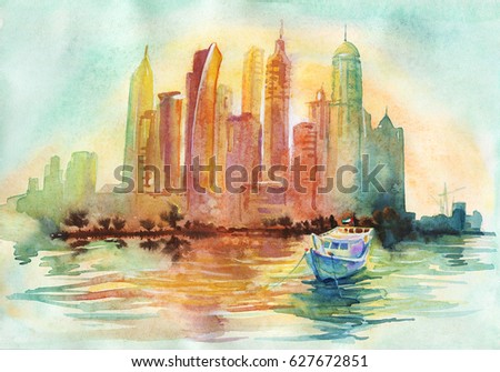 Painting Arab Emirates cityscape. Hand drawn sunset Dubai, sea and skyscraper. Watercolor background outdoor illustration