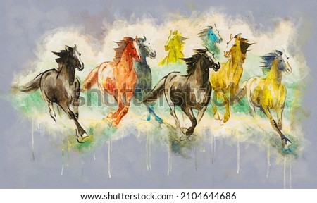 painting. Artistic drawing of a herd of Arabian horses
