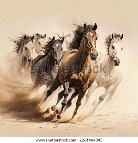 Painting artistic drawing of a herd of Arabian horses