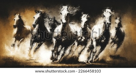 painting. Artistic drawing of a herd of Arabian horses

