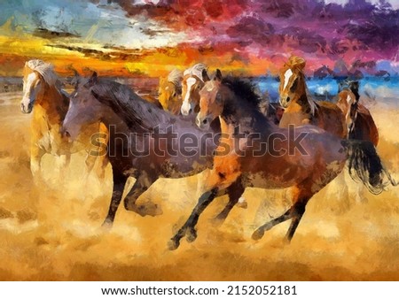 painting . Artistic drawing of a herd of horses. artist canvas art animal painting collection for decoration and interior