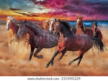 painting . Artistic drawing of a herd of horses. artist canvas art animal painting collection for decoration and interior. realistic
