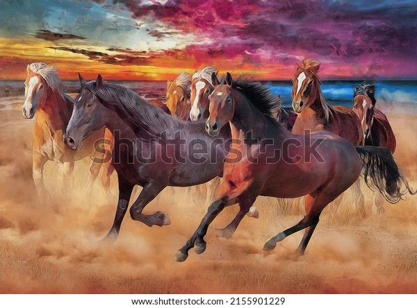 painting . Artistic drawing of a herd of horses. artist canvas art animal painting collection for decoration and interior. realistic