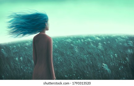 Painting artwork ,Alone loneliness hope dream and freedom concept, lonely young woman in grass field, dramatic illustration, solitude nature landscape, art