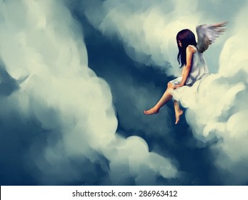 painting of Beautiful angel sitting on a cloud