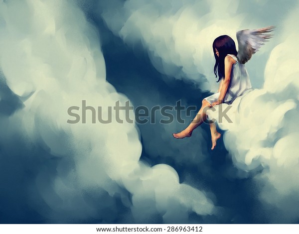 Wallpaper mural painting of Beautiful angel sitting on a cloud. 