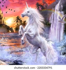 Painting Of Beautiful Waterfall And Unicorn. Stock Of Image. 3d Rendering.