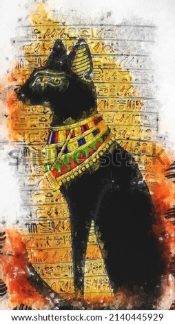 painting. Black Egyptian cat figurine. ancient Egypt goddess carving profile gold pharaonic jewelry and gemstones