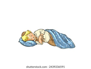 A painting of a blonde religious Jewish boy with an old kippah cuddled up with a teddy bear in bed - Powered by Shutterstock