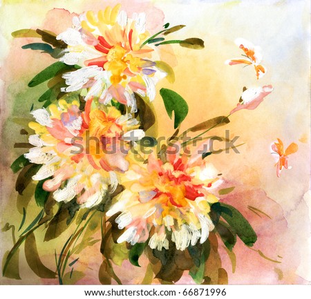 Painting of bright flowers with bright butterflies flying above