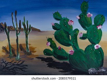 Painting  Cactus In Desert Landscape.