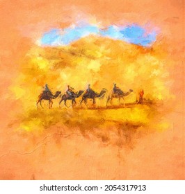 painting . Camel caravan going in the Sahara desert
